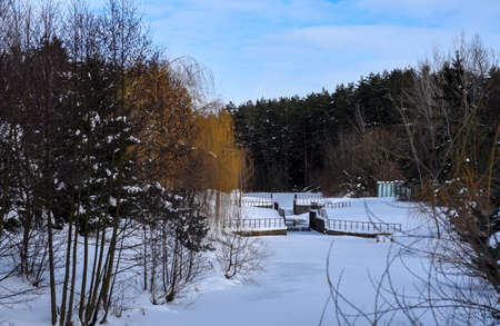 Small dam on a frozen river in the middle of the forest.の写真素材