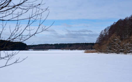 Bridge over a frozen river in the middle of the forest.の写真素材