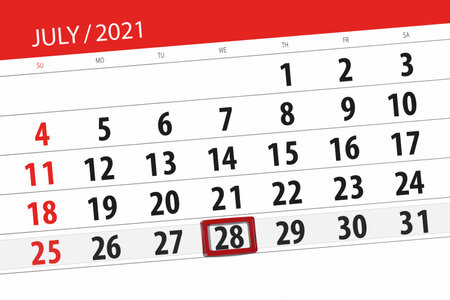 Calendar planner for the month july 2021, deadline day, 28, wednesday.の写真素材