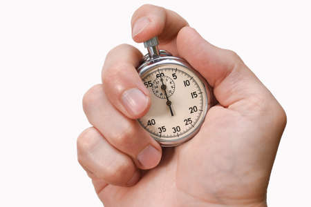 Stopwatch in hand, finger presses a button, start, finish, isolate, close-up.