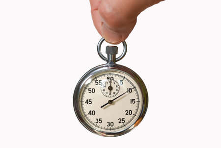 Analog stopwatch hold hand fingers on white background, isolate.