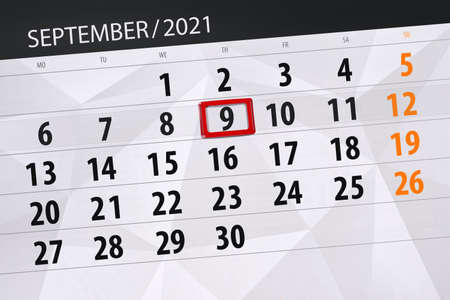 Calendar planner for the month september 2021, deadline day, 9, thursday.の写真素材
