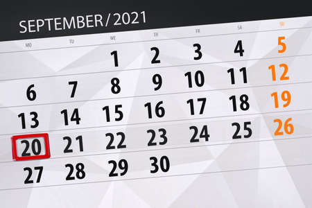 Calendar planner for the month september 2021, deadline day, 20, monday.の写真素材