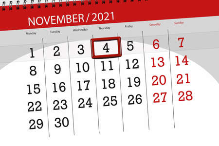 Calendar planner for the month november 2021, deadline day, 4, thursday.の写真素材