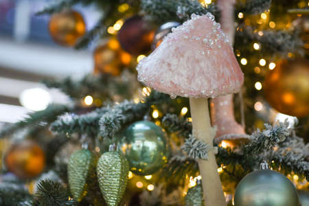 Winter New Year decor, decorations on the Christmas tree, blur.の写真素材