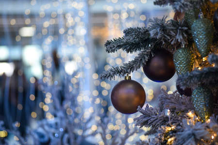 Winter New Year decor, decorations on the Christmas tree, blur.の写真素材