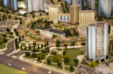 Scale model of city building with roads.の写真素材