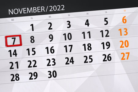 Calendar 2022, deadline, day, month, page, organizer, date, november, monday, number 7.の写真素材