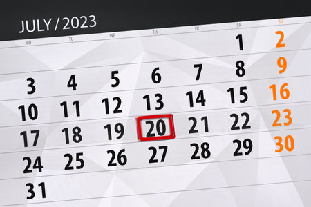 Calendar 2023, deadline, day, month, page, organizer, date, July, thursday, number 20.の写真素材