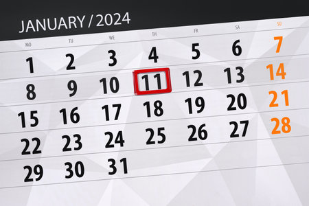 Calendar 2024, deadline, day, month, page, organizer, date, January, thursday, number 11.の写真素材