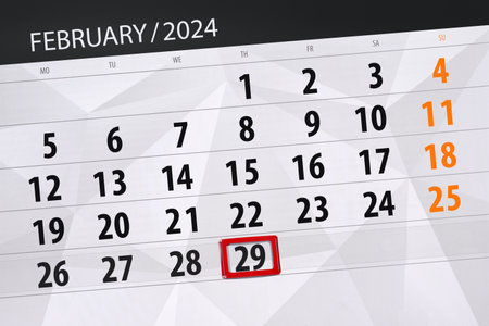 Calendar 2024, deadline, day, month, page, organizer, date, February, thursday, number 29.の写真素材