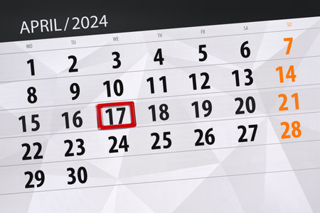 Calendar 2024, deadline, day, month, page, organizer, date, April, wednesday, number 17.の写真素材