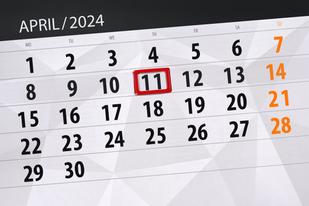 Calendar 2024, deadline, day, month, page, organizer, date, April, thursday, number 11.の写真素材