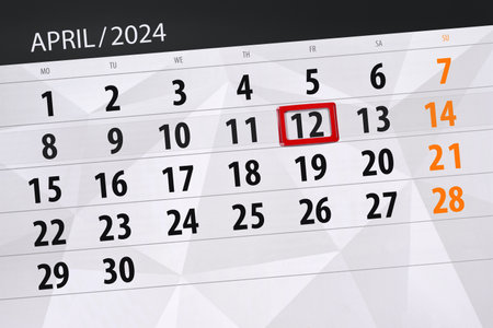 Calendar 2024, deadline, day, month, page, organizer, date, April, friday, number 12.の写真素材