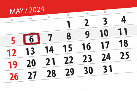 Calendar 2024, deadline, day, month, page, organizer, date, May, monday, number 6.の写真素材