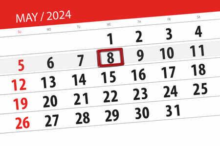 Calendar 2024, deadline, day, month, page, organizer, date, May, wednesday, number 8.の写真素材