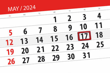 Calendar 2024, deadline, day, month, page, organizer, date, May, friday, number 17.の写真素材