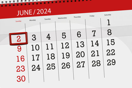 Calendar 2024, deadline, day, month, page, organizer, date, June, sunday, number 2.の写真素材