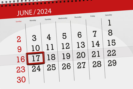 Calendar 2024, deadline, day, month, page, organizer, date, June, monday, number 17.の写真素材