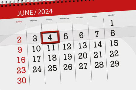 Calendar 2024, deadline, day, month, page, organizer, date, June, tuesday, number 4.の写真素材