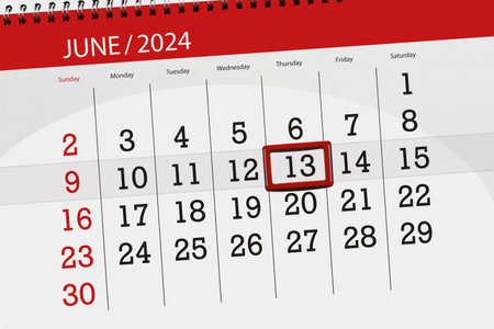 Calendar 2024, deadline, day, month, page, organizer, date, June, thursday, number 13.の写真素材