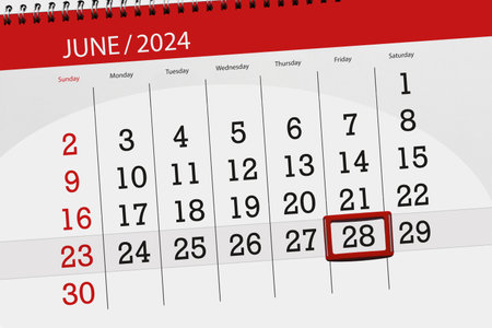 Calendar 2024, deadline, day, month, page, organizer, date, June, Friday, number 28.の写真素材
