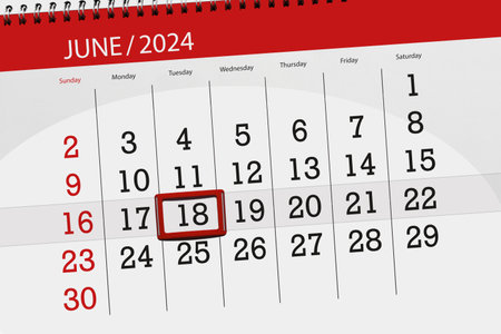 Calendar 2024, deadline, day, month, page, organizer, date, June, tuesday, number 18.の写真素材