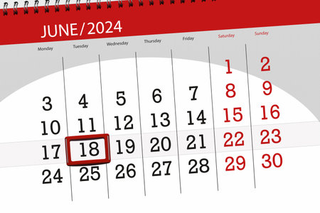 Calendar 2024, deadline, day, month, page, organizer, date, June, tuesday, number 18.の写真素材