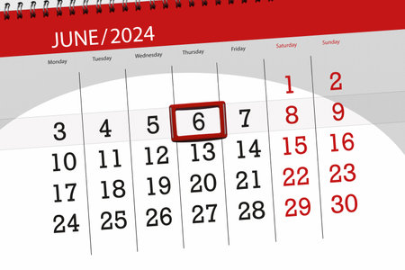 Calendar 2024, deadline, day, month, page, organizer, date, June, thursday, number 6.の写真素材