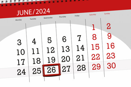 Calendar 2024, deadline, day, month, page, organizer, date, June, wednesday, number 26.の写真素材