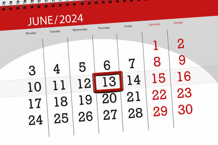 Calendar 2024, deadline, day, month, page, organizer, date, June, thursday, number 13.の写真素材