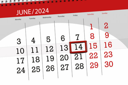 Calendar 2024, deadline, day, month, page, organizer, date, June, friday, number 14.の写真素材