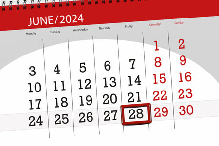 Calendar 2024, deadline, day, month, page, organizer, date, June, Friday, number 28.の写真素材