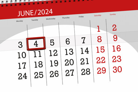 Calendar 2024, deadline, day, month, page, organizer, date, June, tuesday, number 4.の写真素材