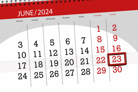 Calendar 2024, deadline, day, month, page, organizer, date, June, sunday, number 23.の写真素材