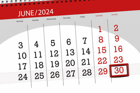 Calendar 2024, deadline, day, month, page, organizer, date, June, sunday, number 30.の写真素材
