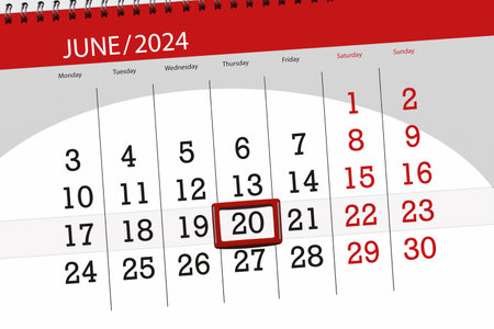 Calendar 2024, deadline, day, month, page, organizer, date, June, thursday, number 20.の写真素材