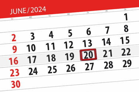 Calendar 2024, deadline, day, month, page, organizer, date, June, thursday, number 20.の写真素材