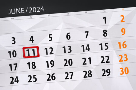 Calendar 2024, deadline, day, month, page, organizer, date, June, tuesday, number 11.の写真素材