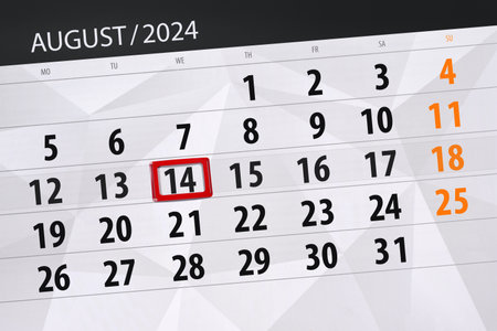 Calendar 2024, deadline, day, month, page, organizer, date, August, wednesday, number 14.の写真素材