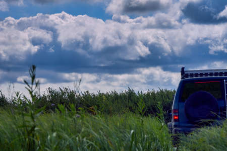 Off-road car is moving among tall green grass against an incredibly beautiful sky. Travel to remote protected areas with ecologically clean nature by 4x4 offroad carの写真素材