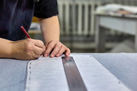 Process of cutting and sewing. Close-up of the seamstress hands make a drawing on the fabric using a...