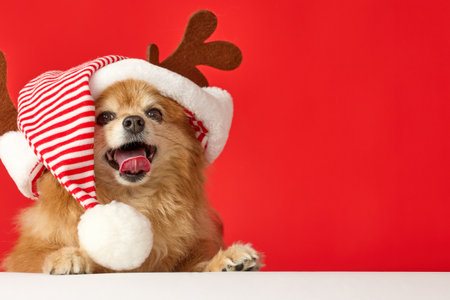 Close-up of the face of a small thoroughbred Spitz, with a New Years cap with deer horns worn. Funny fluffy Spitz puppy in a striped hat stuck out his tongue on a red background.の写真素材