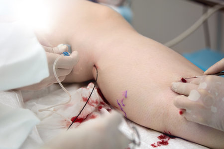 Patient is on operating table, a catheter is installed in the leg for radiofrequency coagulation of the vein. Doctor and an assistant perform surgical treatment of varicose veins in a modern wayの写真素材
