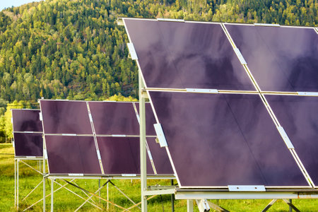 Solar modern panel panels in rural areas on a sunny day are installed to store energy. Modern...