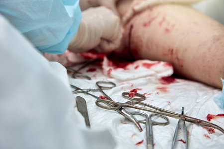 Lot of blood was lost by the patient during the operation on the leg. Blood of bright red color flows from a wound on the patients leg, made with a scalpel by an experienced surgeonの写真素材