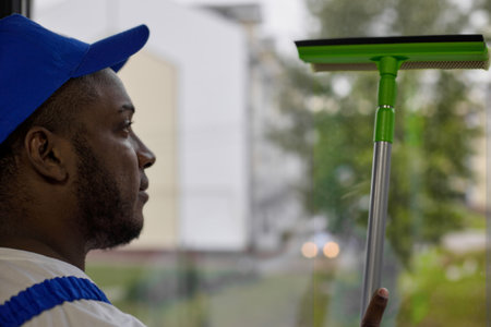 Black guy thoroughly washes a dusty office window. Photo from the back of a strong African American man in a white T-shirt and a blue cap with a window cleaning brush in his hand.の写真素材