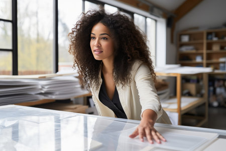 A beautiful dark-skinned business lady with curly hair in a white jacket is working on a projectの素材