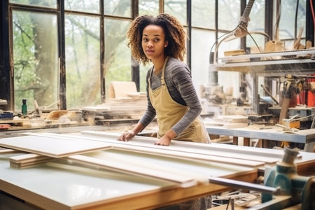 Skilled african woman with charm in apron diligently working at a furniture factoryの素材