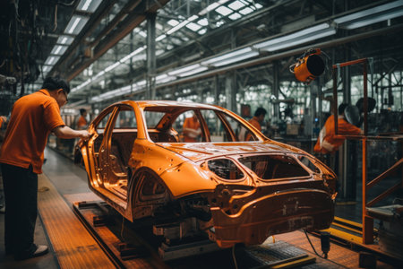 Orange car body on the line of the newest production workshopの素材